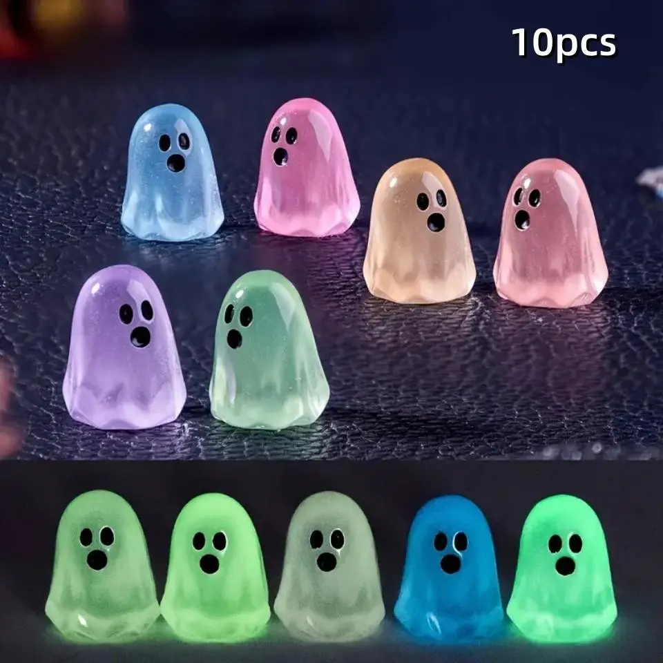 10 Night Glow Mini Ghost Ornaments, Cute Spooky Resin Halloween Party Decor Supplies, Creative Night Light Small Ghosts, DIY Hanging Decor, Micro Landscape, Horror Scene, Glow Dark Ornament