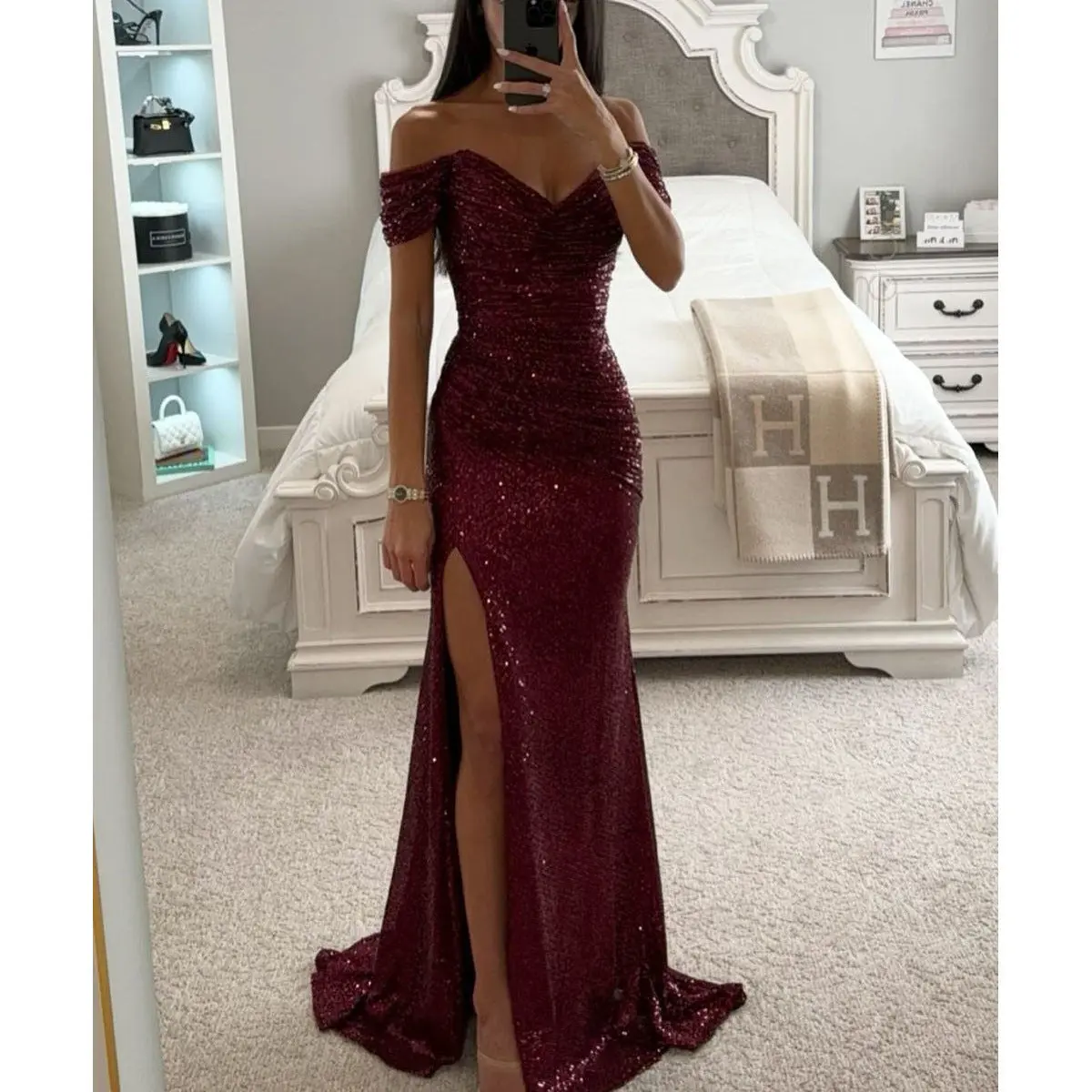 Party Sequins Off-neck Split Dress Party Sequins Off-neck Split Dress
