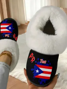 Puerto Rico Flag Pattern Cotton Slippers, House Slippers, Warm Indoor Shoes for Men & Women, Fall Winter Home Wear, Non-Slip Thick Rubber Sole Textile Upper, Footwear