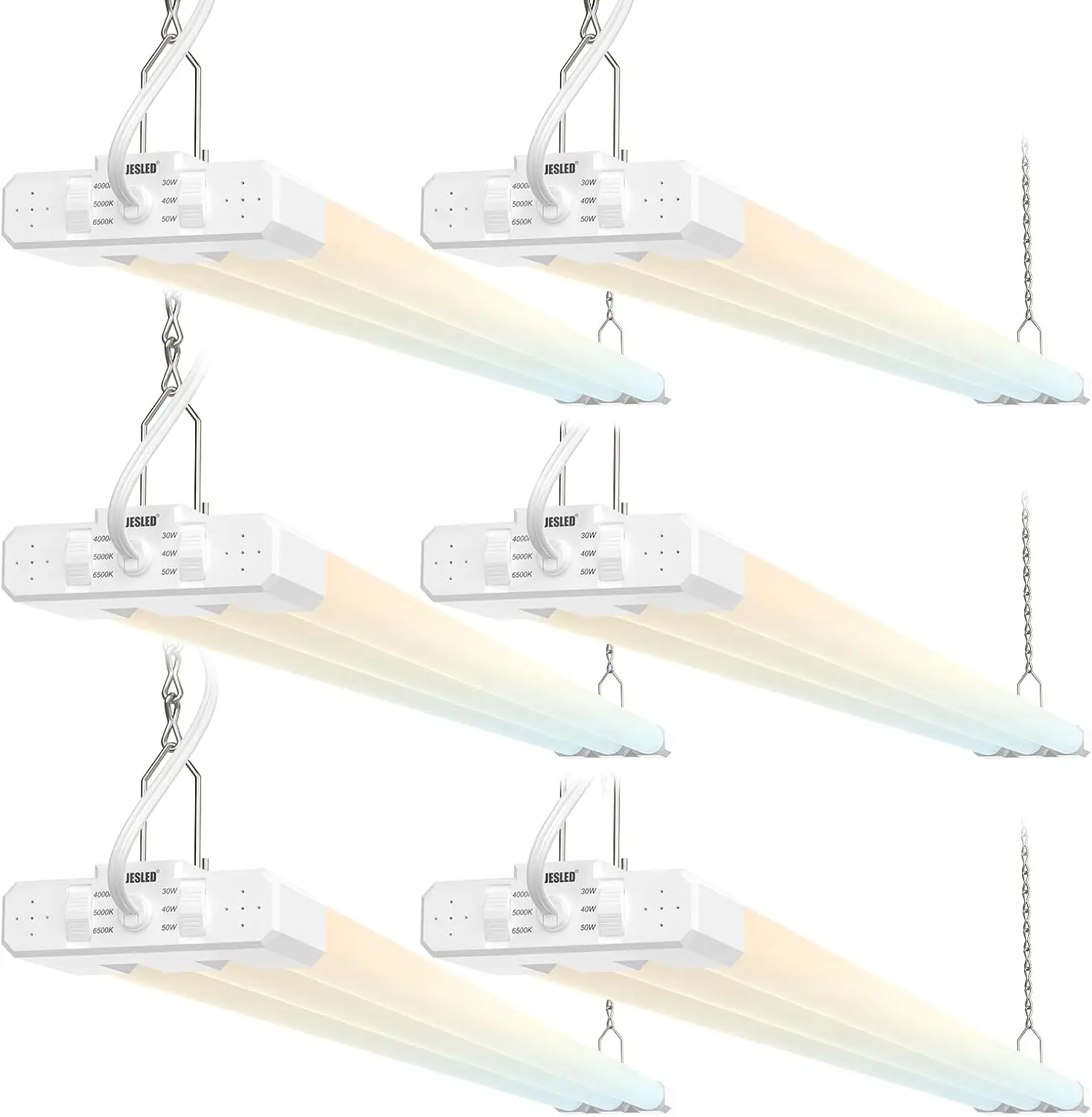6-Pack 4FT LED Shop Lights, 3CCT Selectable 4000K/5000K/6500K, Adjustable 30W/40W/50W, 7500LM(300W Eqv), Linkable Utility Commercial Bay Light, Plug & Play, Ceiling or Hanging Mount, ETL