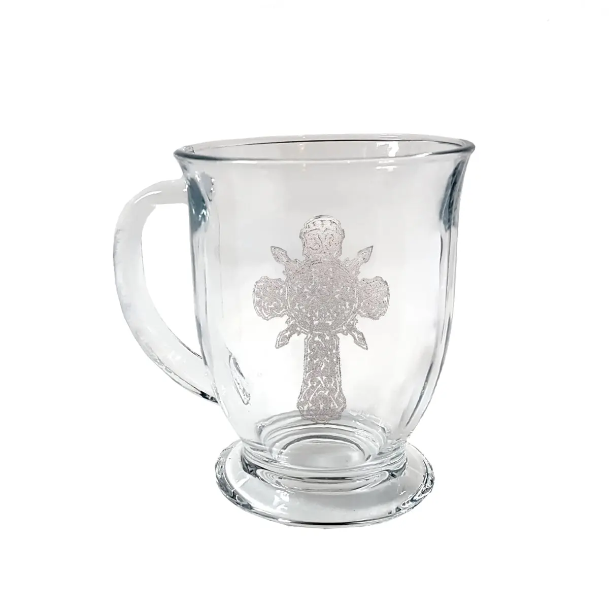 16 oz Ornate Celtic Cross Engraved Glass Coffee Mug
