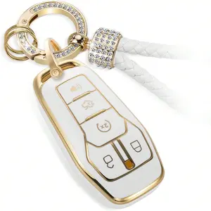 ACEBOY For For D Key Fob Cover With Luxury Diamond Braided Keychain, Upgraded Soft Case For Fusion Mustang F150-350 Edge Explorer Lincoln MKZ MKC