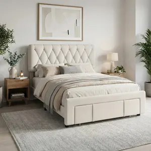 【GARVEE】Modern Upholstered Platform Bed Frame - King Size with Storage Drawers, Sturdy-colored Wooden Slats, Sturdy Foundation, No Box Spring Required - Beige