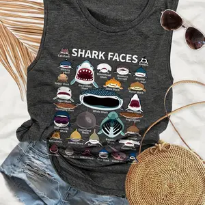 Shark Faces Whitetip Reef Letter Print Sleeveless Round Neck Vest Knit Tank Tops Fitted, Casual Style, Moderate Fabric Thickness, All Seasons Wear, Womenswear - TrendWear USA
