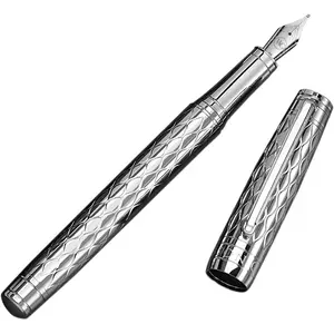 'The Mirror'  Luxury Executive Fountain Pen, Woven Chrome Finish, Medium Nib, Smudge Free, No Bleed, Use Any Fountain Ink with Included Converter, Fits Cartridges (sold separately)