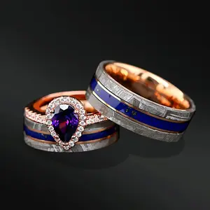 Meteor Pear — Gold-Plated Engagement Ring with Meteorite Bands (3pc)