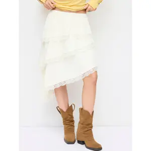 Cider Mid Rise Lace Trim Layered Asymmetrical Hem Midi Skirt
