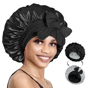 Bonnet Queen Double Layered Satin Night Caps Hair Care Silky Bonnet Sleeping Hat Shower Caps for women Nightcap With Elastic Band Gift Springtok Black Haircare Bn007-Black&Silver-M