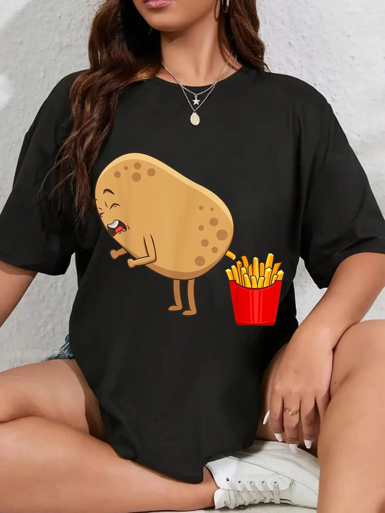Women's 100% Cotton Round Neck Graphic T-Shirt - Casual Everyday Streetwear with Funny French Fries Designs for Potato Food Eaters, Top, Tshirt, Vintage