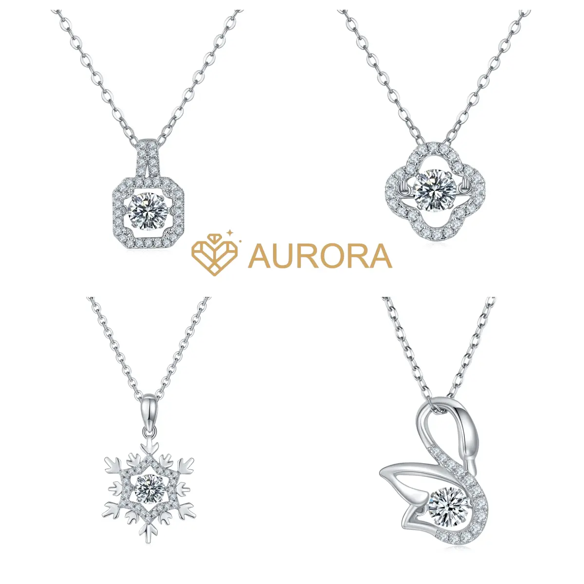 【#72 Dancing Necklace】 Moissanite Princess/ Clover/ Snowflake/ Swan Dancing necklace with 925 Sterling Silver Synthetic Moissanite Stunning Pendant Round Gemstone Pendant