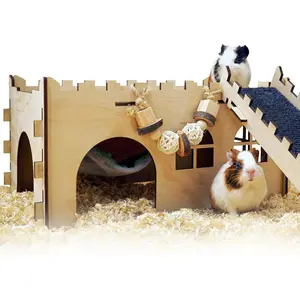 Large Guinea Pig Hideout & House - Easy to Assemble Wooden Guinea Pig Castle with Hammock, Ramp and Guinea Pig Toys Accessories Guinea Pig Habitat Suitable for Hamsters and Chinchilla