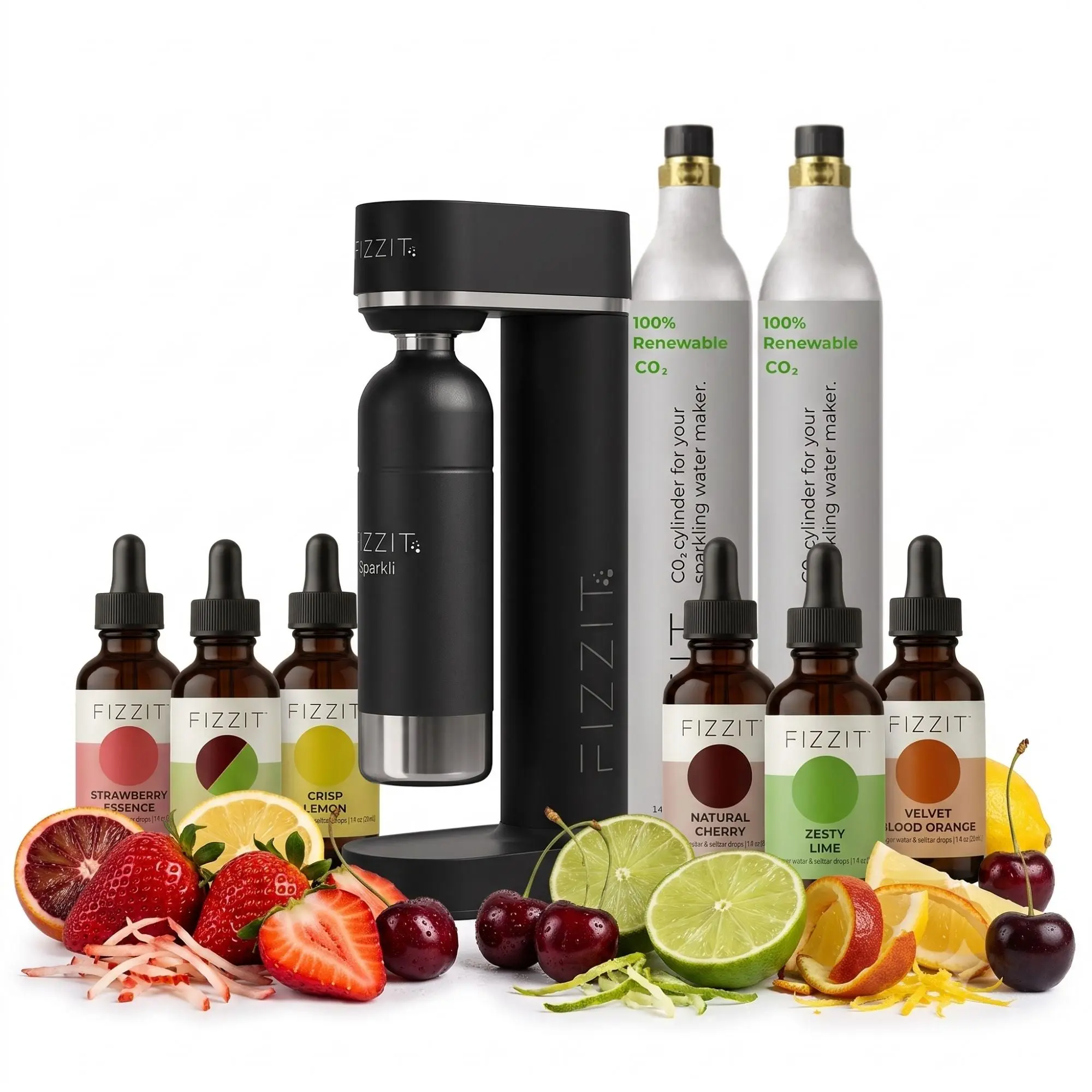 The APEX FIZZ Collection by FIZZIT: Elite Home Carbonation System Bundle | Includes Premium Soda Maker, Stainless Steel Bottle, Two 60L CO2 Cylinders, & 6 Zero-Sugar Flavor Drops (960 Cans Equivalent)