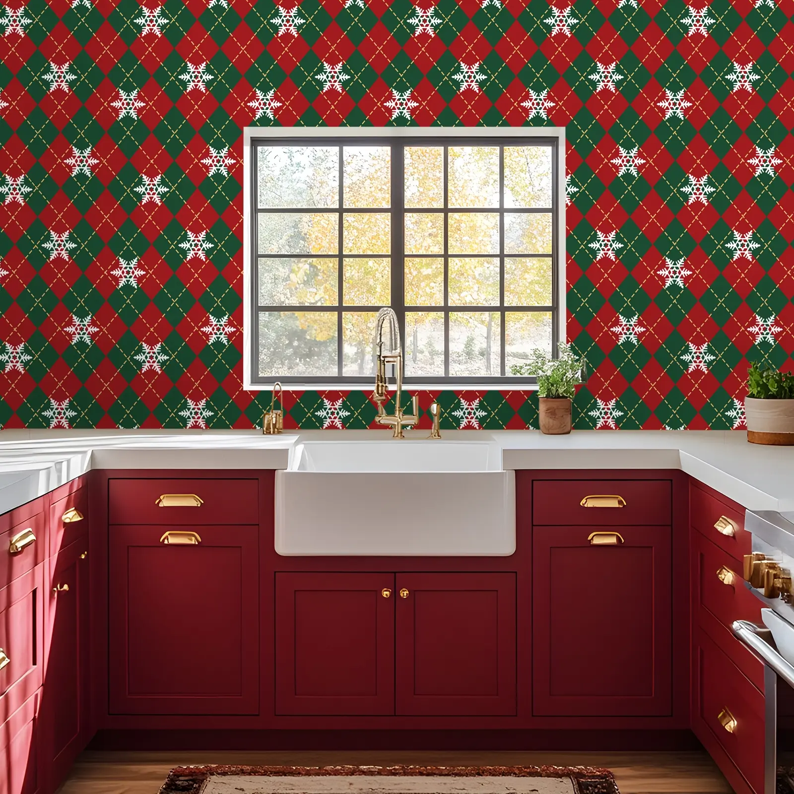 Self-Adhesive Waterproof Vinyl Wall Paper Roll, Rhombic Pattern with Snowflake Design, Christmas Theme, Home Decor, Living Room Bedroom Kitchen, Self Adhesive Wallpaper