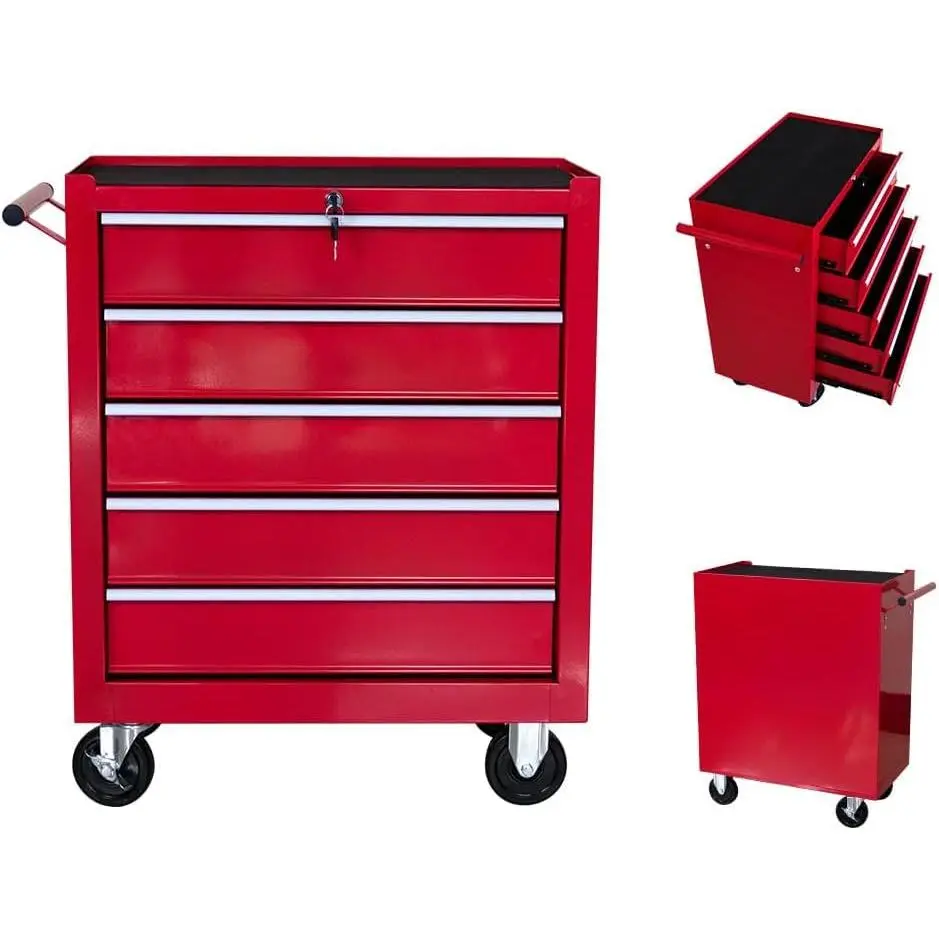 Garvee 5-Drawer Rolling Tool Chest,Tool Cabinet on Wheels with Keyed Locking System and Drawer Liners,Tool Chest with Link Buckle and Can Be Combined to Large Cabinet Set,for Garage, Warehouse & Repair Shop
