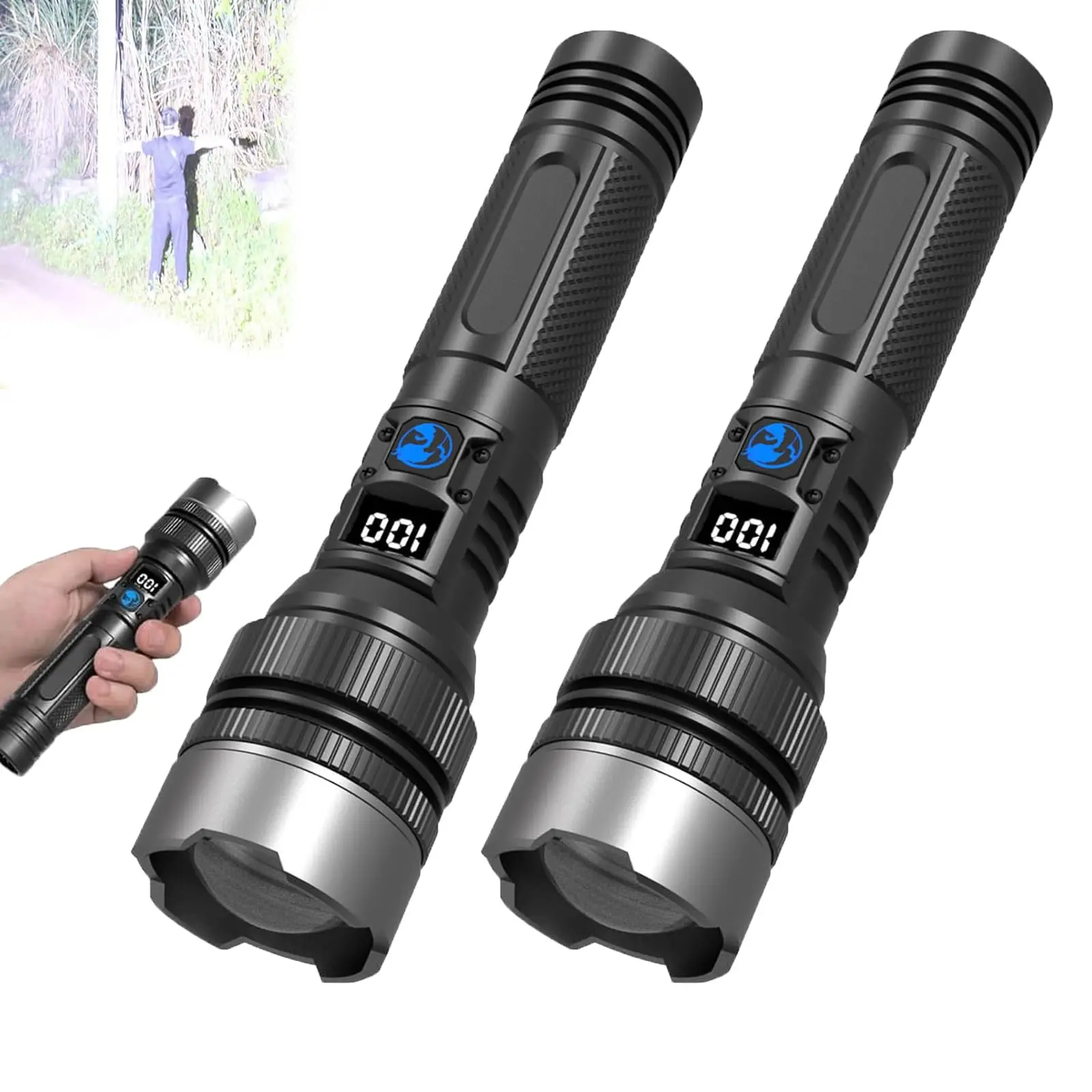 Rechargeable flashlight, 1200 lumens; small flashlight with digital display; waterproof light for home, outdoor, and emergency use; camping essentials; outdoor furniture set; camp