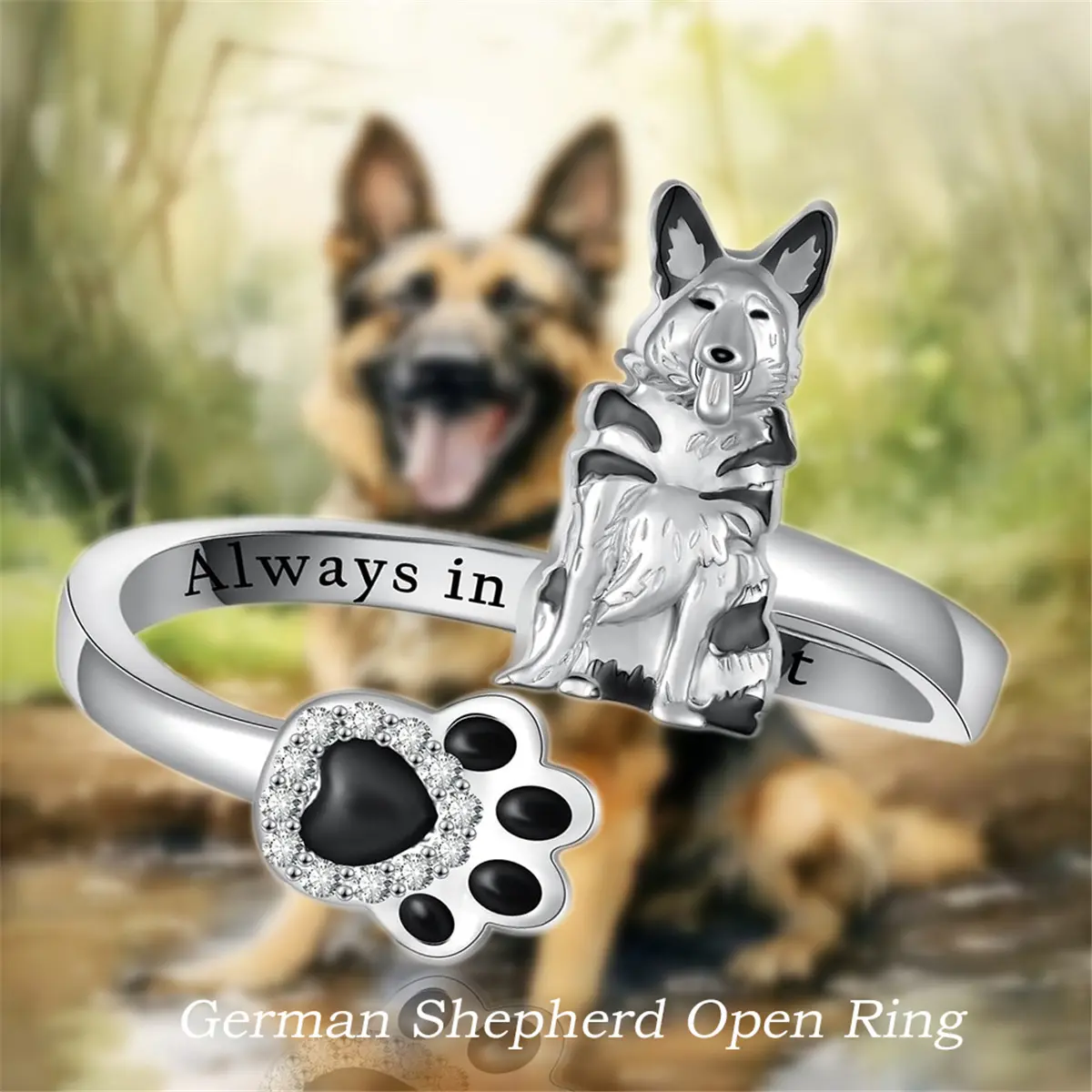 Alloy Animal Motif Ring with German Shepherd & Paw, Cute Adjustable Open Band for Daily Wear, Pet Lover Jewelry Gift, Cute Look, Alloy Metal, Paw Charm, Unisex Gift, Animals, Adjustable Size, Everyday