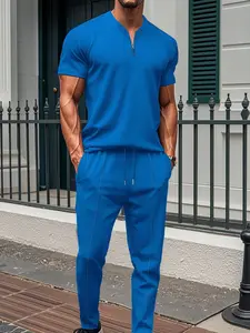 New Summer Men's Casual Waffle Solid Stand Collar Polo Short Sleeve with Drawstring Long Pants Set, Daily Wear, Menswear, Outfit, Clothes
