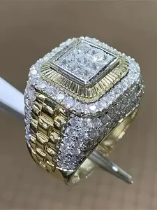 Luxurious Iced Out Men's Ring Two Tone Gold Silver Square Cubic Zirconia Bling Hip Hop Rapper  Ring