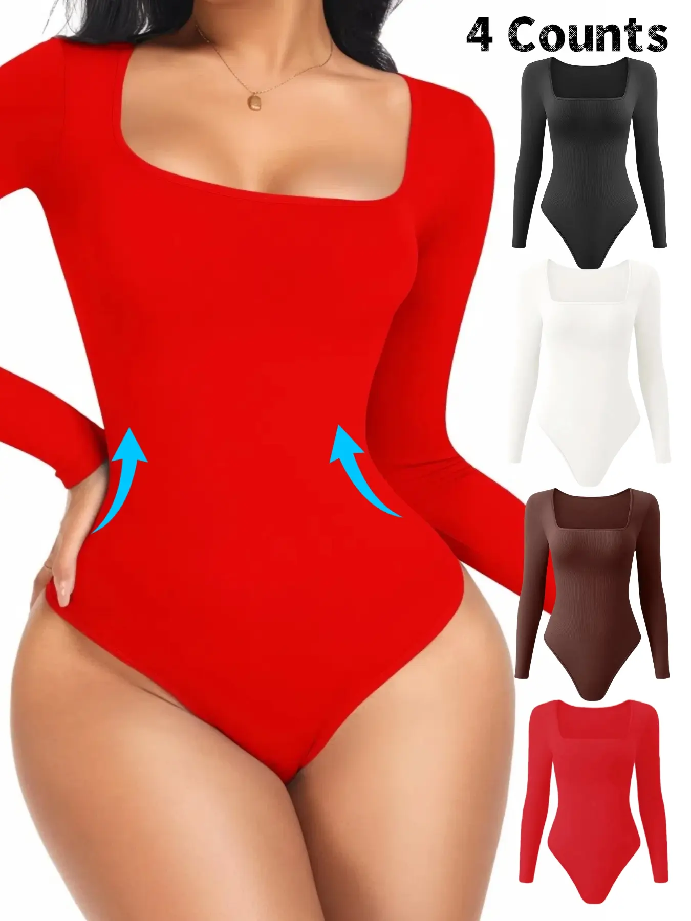 Women's Long Sleeve Shapewear Compression Smooth Bodysuit, Thong Design, Square Neck Slimming Firm Tummy Control, Casual, Ladies Underwear & Shapewear, Women's Seamless Shapewear