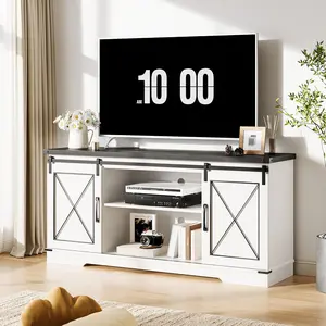 White Farmhouse Engineered Wood TV Stand with Laminated Top, 65-Inch Capacity, Sliding Barn Doors, Adjustable Shelves, Television Console Table for Living Room, Bedroom Indoor Furniture