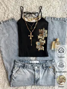 Women's Black Golden Floral Embroidered Crop Cami Top - Hot-Selling, Spring Casual Top for Romantic, Luxury Looks, Perfect for Everyday Wear & Date Night Outfits, Trendy Pick with 3D Floral Embroidery, Lightweight & Breathable Cotton Fabric