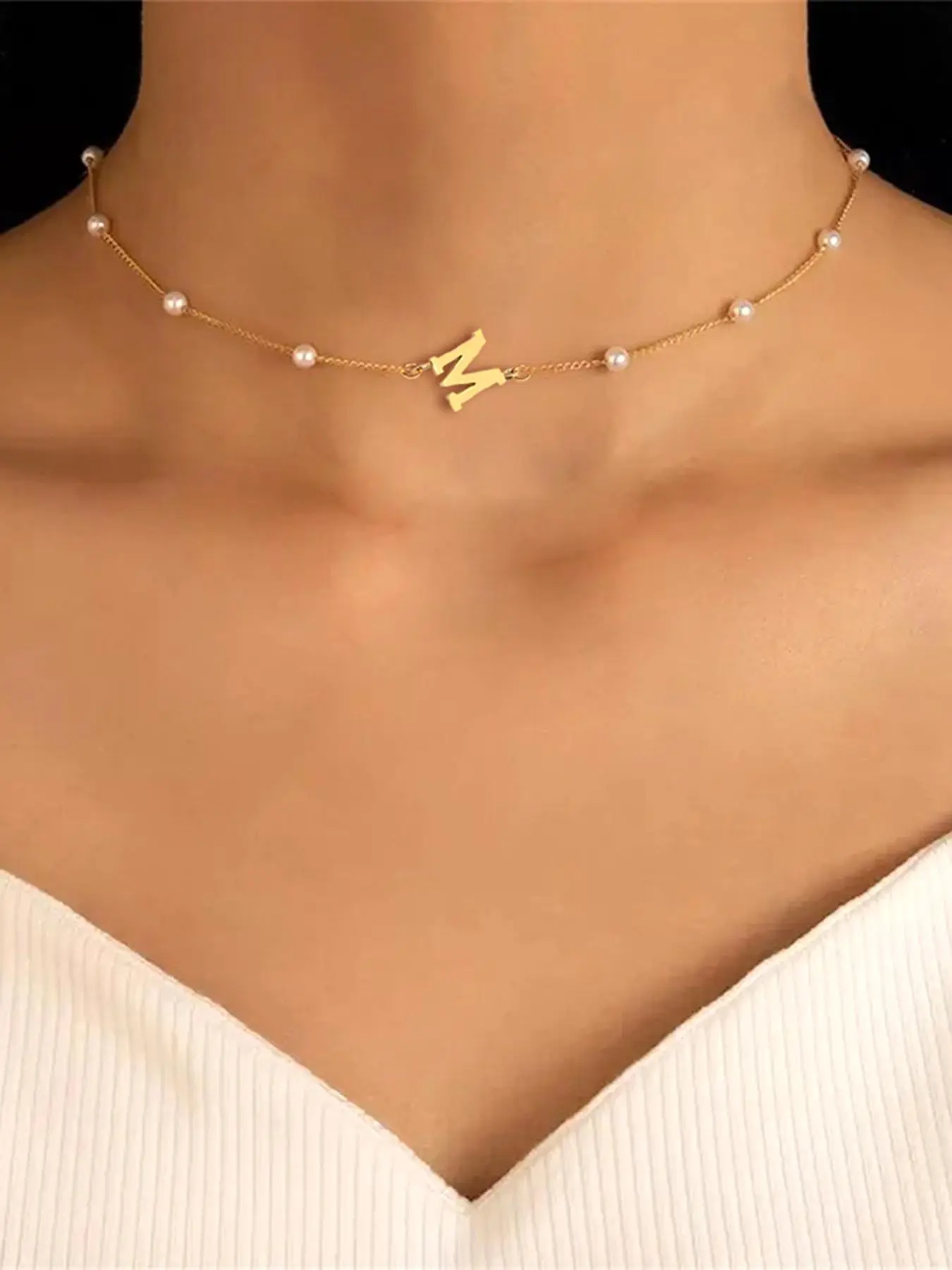 Women's Elegant Faux Pearl Decor Chain Necklace, Exquisite Trendy Initial Letter Charm Necklace, Chic Vintage Clean Girl Jewelry As Gift for Women & G