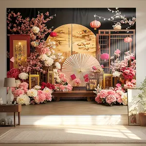 2D Flat Banner 1pc, New Year Photography Background, Fan and Floral Backdrop, Polyester Fiber, Perfect for Holiday Spring Photoshoots