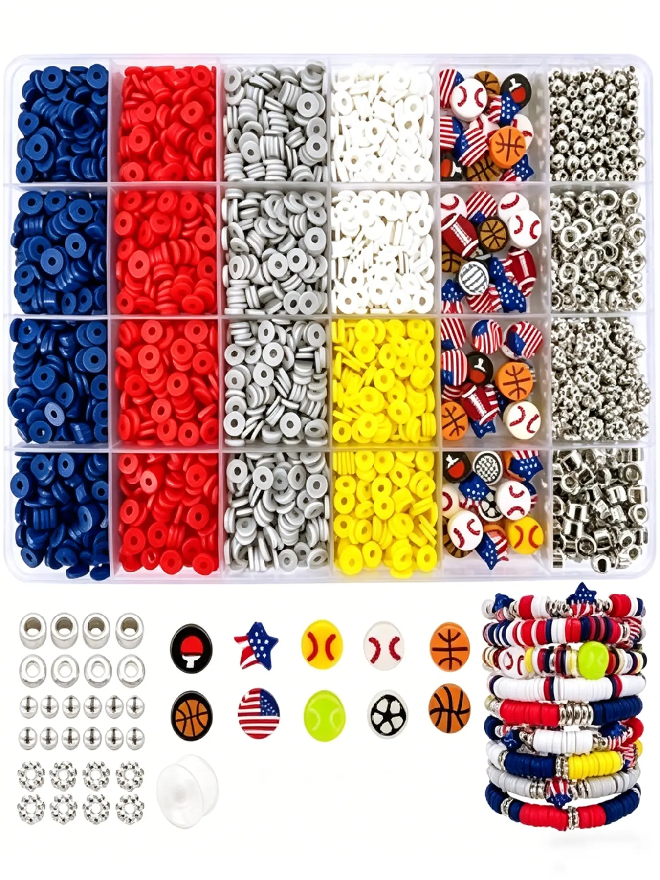 Baseball/basketball/football Polymer Clay Bead Set, DIY Bracelet Making Kit, Independence Day Charms, Silver Color Spacer Beads, Friendship Bracelets, Bead Kits For Bracelet Making