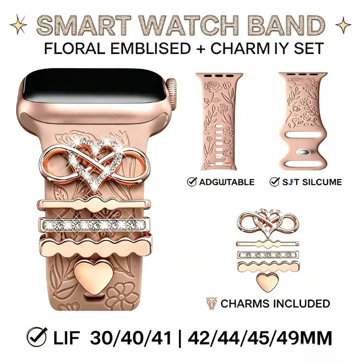 Women's Floral Embossing Silicone Smart Watch Band - Adjustable Multi-Sizes, Soft Waterproof, Jewelry-Style Replacement Strap with Removable Heart Charms, Metal Mount, Sliding Click Wearable Accessories