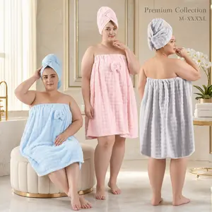 REDKISS Grey Plus Size Towel Wrap for Women, XL Adjustable Shower Wrap with Hair Towel, Super Absorbent Bath Towels Wrap for Body, Microfiber Plush Towel Wrap, Warmth Velcro Plus Size Wraps Towels