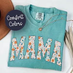 Spring Floral Comfort Colors Mama Shirt Trendy Mom Tee Pregnancy Reveal Gift For New Mom Preppy Mother's Day Gift Flower Mama Shirt