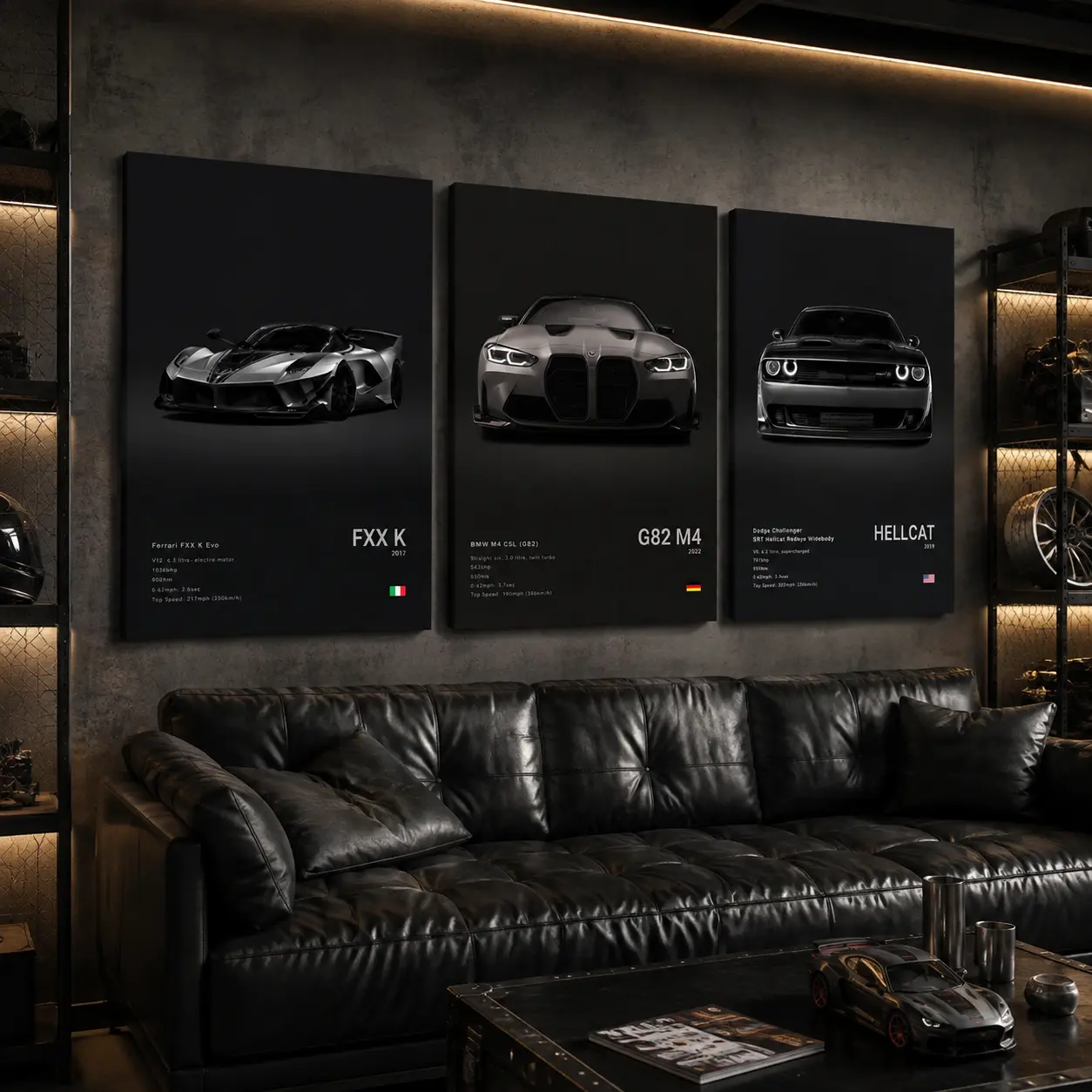 2D Printed Luxury Sports Car Wall Art Triptych Canvas, Modern Automotive Decor for Garage, Man Cave, Bedroom & Office