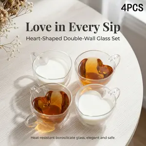 4PCS Heart-Shaped Double-Wall Glass Cup Set, Heat-Resistant Borosilicate Glass Mugs, Cute Insulated Coffee & Tea Cups for Hot & Cold Drinks