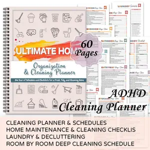 1-Pack ADHD Adult Cleaning Planner Notebook - Daily, Weekly, Monthly, and Yearly Checklist Organizer with Color Icons, Spiral-Bound Paper Planner for Home Cleaning, Notebook with Divider Tabs, Agenda, Weekly Plan, Daily Plan, Planner