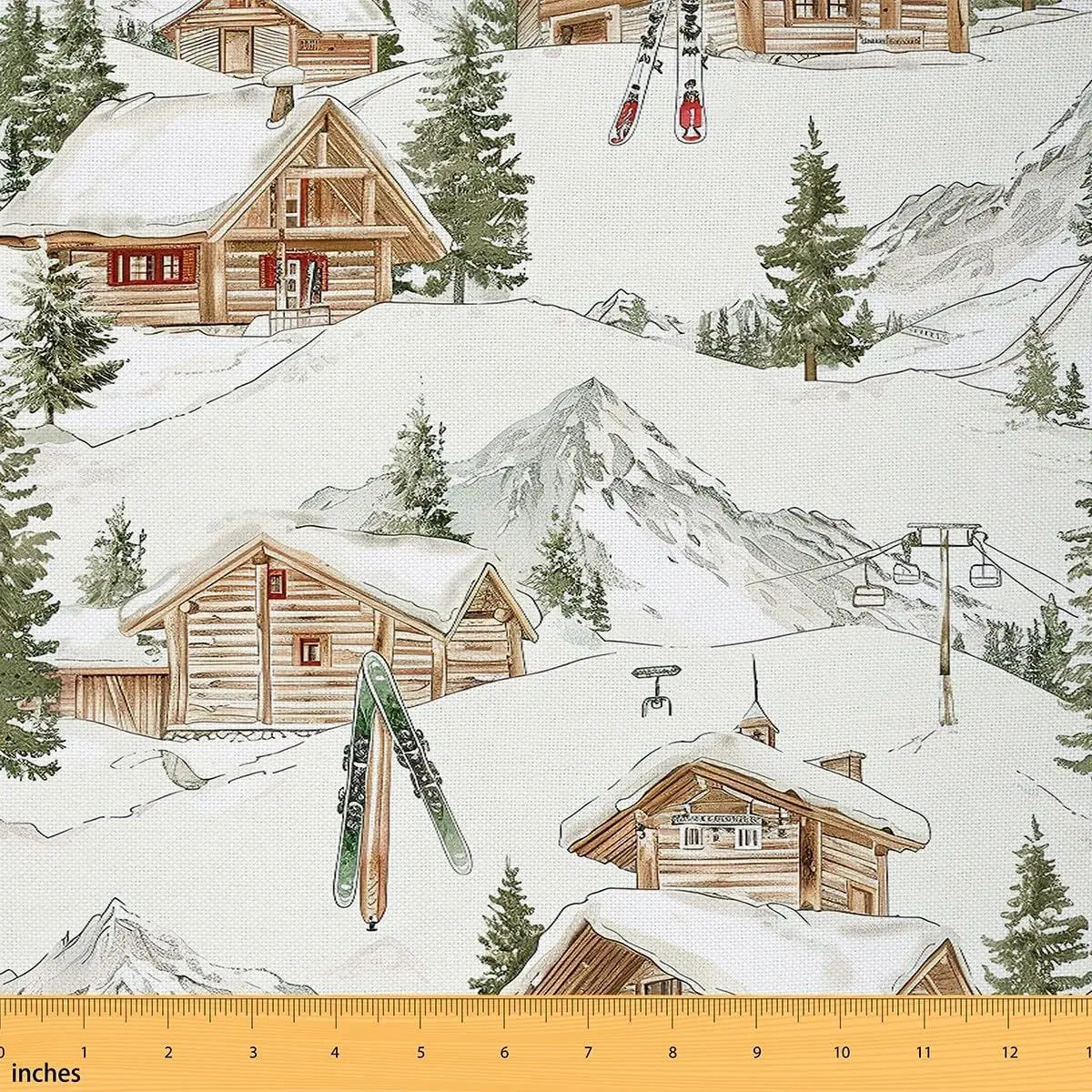 Lodge Cabin Fabric Snow Mountain Retro Wooden Farmhouse Fabrics Sewing Lovers Winter Ski Skis Sports Rustic Style Fabric DIY Soft Flannel Polyester No Stretch