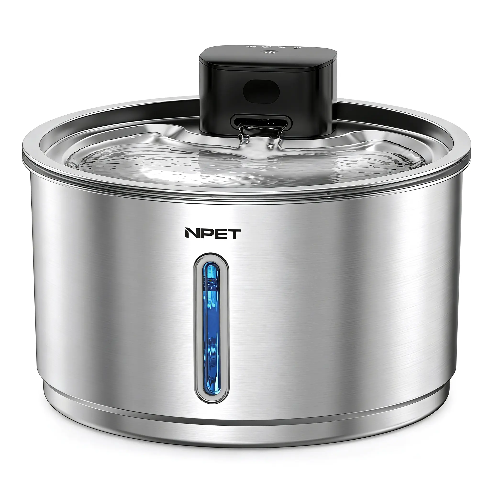 NPET Stainless Steel Automatic Cat Water Fountain - Wireless Mode Cordless Fountain with Auto Sensor, 4000mAh Battery, 1Gallon/135oz Capacity, Water Level Window, 3 Flowing Modes for Cats, Dogs (Bedroom Use)