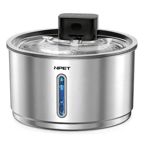 NPET Smart Stainless Steel Cordless Cat Fountain (Wireless Mode) - 1gal/135oz Capacity, 4000mAh Battery, Auto Sensor, Flow Control, Water Level Window, 3 Water Flowing Modes, Red Light Power Check, Power Outage Protection, Safe Operation, Bedroom Use