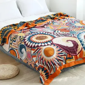 Boho Cotton Muslin Twin Size Bed Throws,100% Cotton Rustic 4 Layer Reversible Colorful Woven Blankets, Washable Breathable Mexican Decor Bed Blankets for Couch Sofa All Seasons