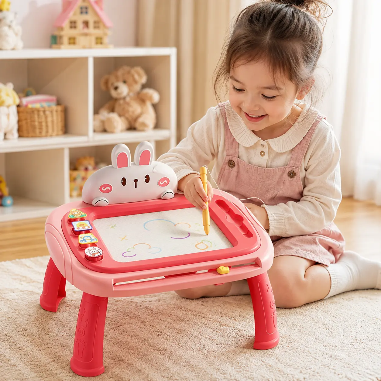 Magnetic Drawing Board for Kids， Erasable Doodle Board Table with Stamps, Pen and Detachable Legs