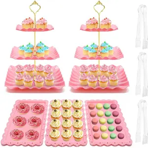 8 Pieces Cupcake Stand Set, 2 PCS 3 Tier Cupcake Stands with 3 PCS Appetizer Trays, 3 PCS Serving Tongs, Dessert Tray for Tea (Pink)