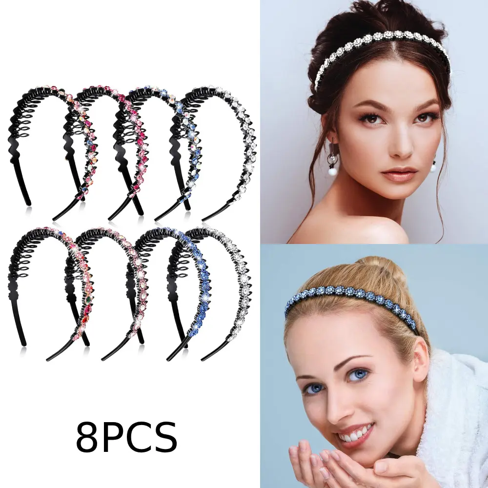 Chic Headbands, 8 Pieces Unisex Teeth Comb, Elegant Wavy & Rhinestone Flower Styles, Non-Slip for Sports, Parties & Washing Face
