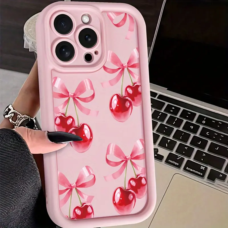 Pink Bow Cherry TPU Anti-Fall Protective Case for Apple Phone6/7/8/X/Xs/Xr/Xs Max/11/12/13/14/15/17Pro Max