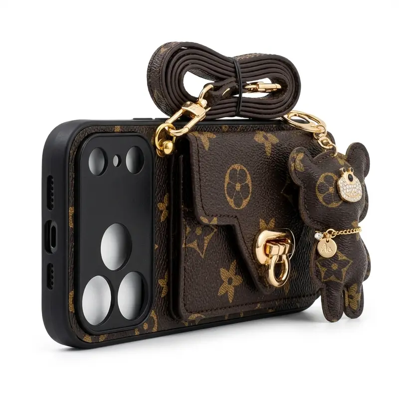 For iPhone 16 Pro Max Case Cute and Trendy Design with Strap and Keychain Perfect for Wealthy Girls Stylish and Practical Pu Leather Cover