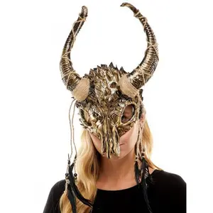 Gold Skull Ram Horn Mask - Bone Feathers - Mardi Gras - Costume Accessory