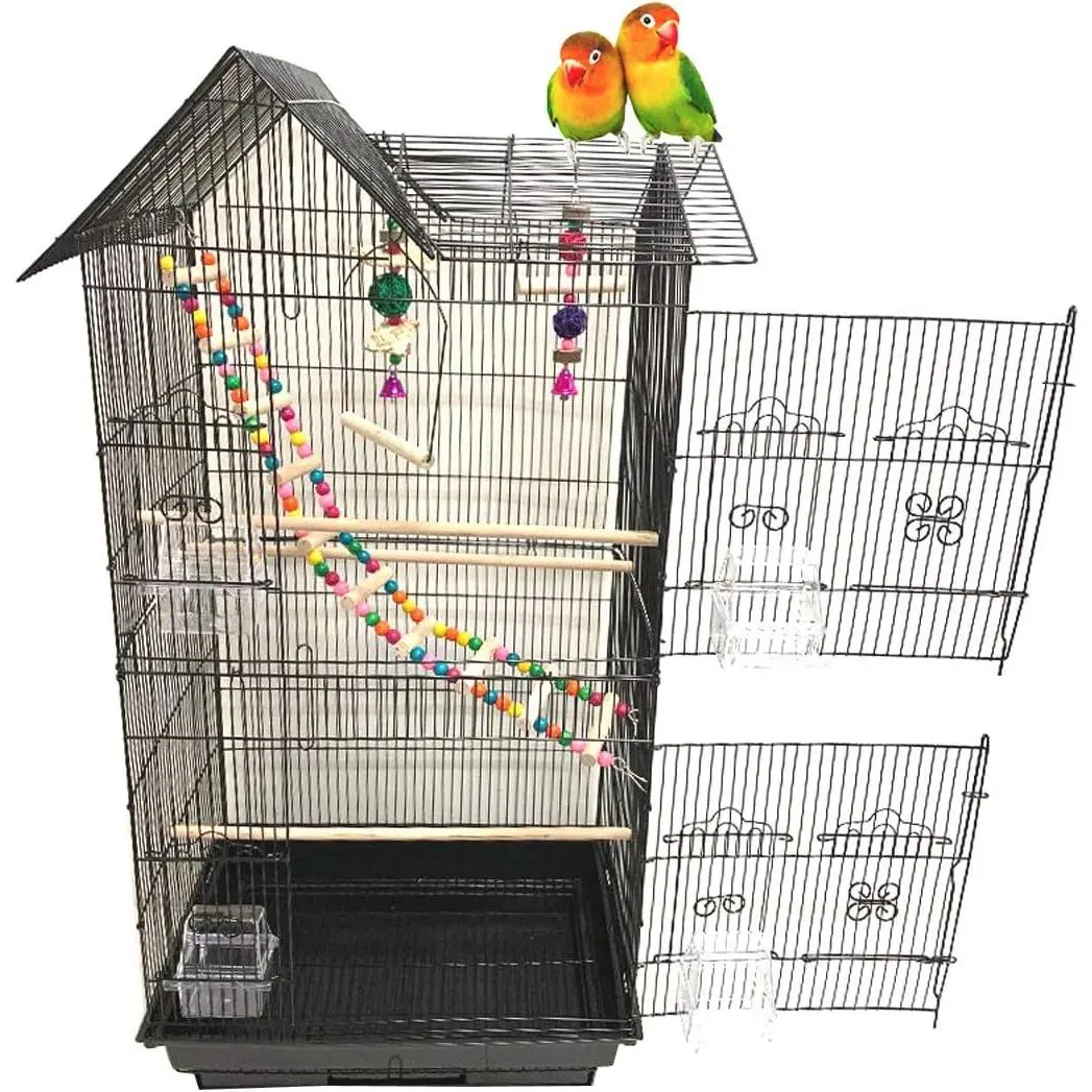 38-Inch Double Roof Top Large Synthetic Collapsible Bird Cage - 18x14x38h Inches (18"x14"x38"h) with Toys, Climbing Ladder, Side Nesting Box Doors for Cockatiels, Conures - Convenient Pet Bird Travel Aviary, Convenience