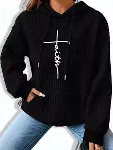 Women's Plus Size Waffle Hoodies With "Faith" Cross Print Graphic Hoodies - Knitted Fabric Drawstring Hooded Waffle Long Sleeve Sweatshirts Tops Spring Outfits for Women