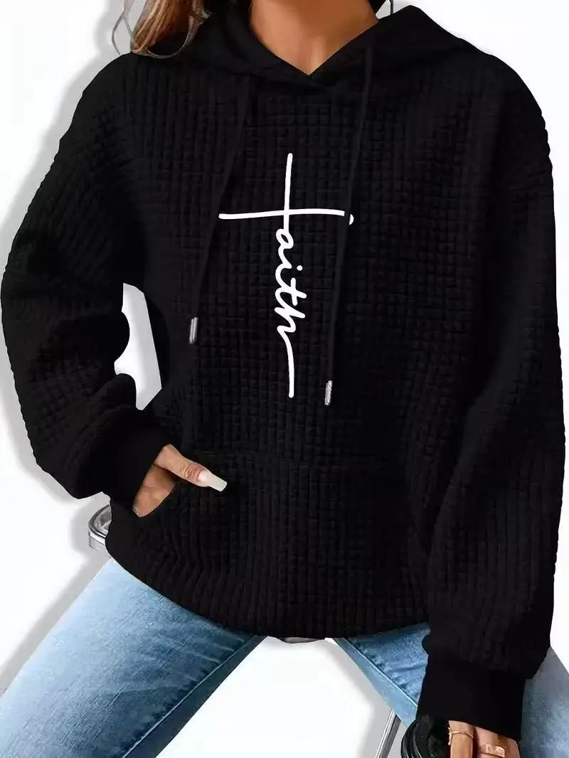 Women's Plus Size Waffle Hoodies With "Faith" Cross Print Graphic Hoodies - Knitted Fabric Drawstring Hooded Waffle Long Sleeve Sweatshirts Tops Spring Outfits for Women
