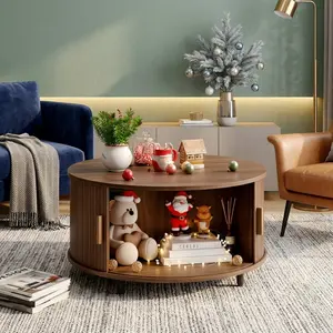 Home Living Room Round Coffee Table, 31.5 Inch Black Fluted Wood Table With 360° Free Sliding Tambour Door Hidden Storage, Adjustable Support Footpads Retro Mid Century Modern Practical Center Tea Table