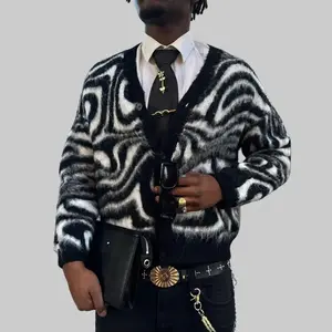 Casual Loose V-Neck Button-Up Cardigan Zebra Print Streetwear Style Unisex Top for Spring Autumn Winter Regular Fit Long Sleeve Short Length Polyester Wool Blend Slight Stretch Knitwear - Menswear, Fabric