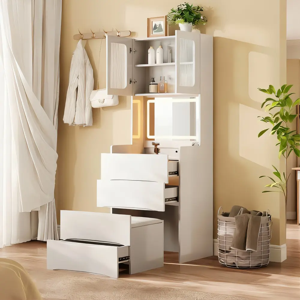 Modern White Bathroom Makeup Vanity with Mirror, Storage Drawers for Organized Indoor Furniture Space